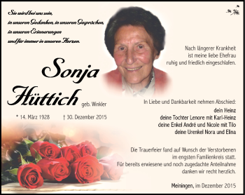 Traueranzeige von Sonja Hüttich von Südthüringer Presse