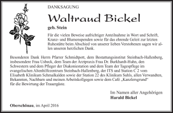 Traueranzeige von Waltraud Bickel von Südthüringer Presse