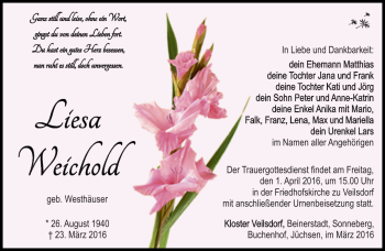 Traueranzeige von Liesa Weichold von Südthüringer Presse
