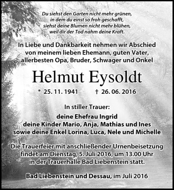 Traueranzeige von Helmut Eysoldt von Südthüringer Presse
