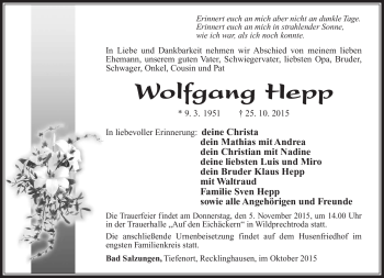 Traueranzeige von Wolfgang Hepp von Südthüringer Presse
