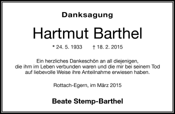 Traueranzeige von Hartmut Barthel von Frankenpost