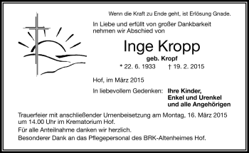 Traueranzeige von Inge Kropp von Frankenpost
