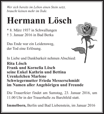 Traueranzeige von Hermann Lösch von Südthüringer Presse