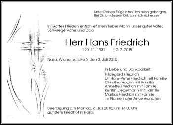 Traueranzeige von Hans Friedrich von Frankenpost