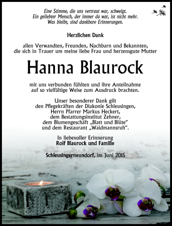 Traueranzeige von Hanna Blaurock von Südthüringer Presse