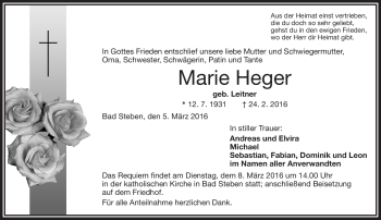 Traueranzeige von Marie Heger von Frankenpost
