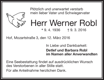 Traueranzeige von Werner Robl von Frankenpost