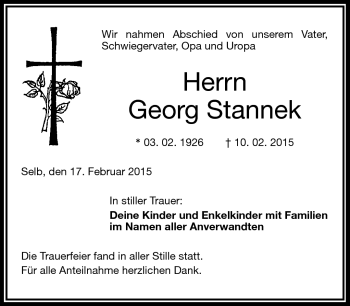 Traueranzeige von Georg Stannek von Frankenpost