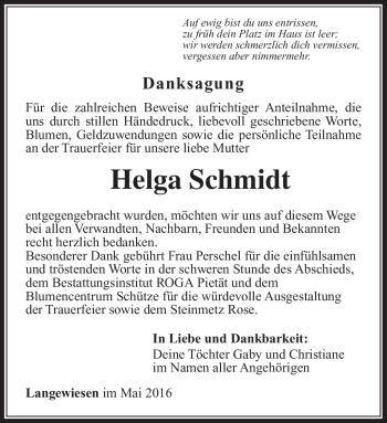 Traueranzeige von Helga Schmidt von Südthüringer Presse