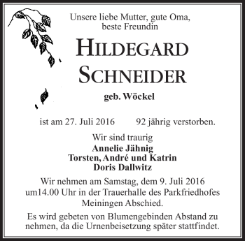 Traueranzeige von Hildegard Schneider von Südthüringer Presse