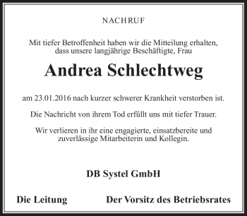 Traueranzeige von Andrea Schlechtweg von Südthüringer Presse