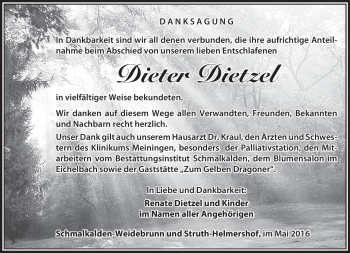 Traueranzeige von Dieter Dietzel von Südthüringer Presse