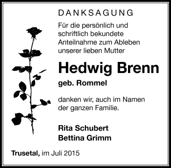 Traueranzeige von Hedwig Brenn von Südthüringer Presse