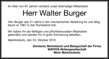Traueranzeige von Walter Burger von Frankenpost