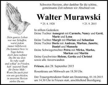 Traueranzeige von Walter Murawski von Neue Presse Coburg