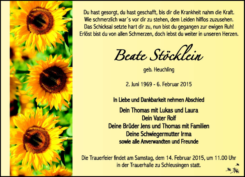  Traueranzeige für Beate Stöcklein vom 10.02.2015 aus Südthüringer Presse