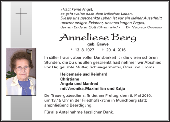 Traueranzeige von Anneliese Berg von Frankenpost
