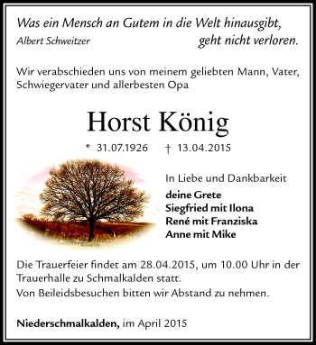 Traueranzeige von Horst König von Südthüringer Presse