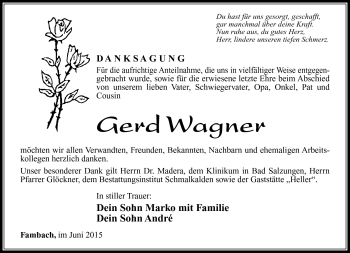 Traueranzeige von Gerd Wagner von Südthüringer Presse