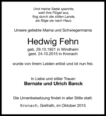 Traueranzeige von Hedwig Fehn von Neue Presse Coburg
