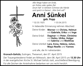 Traueranzeige von Anni Sünkel von Neue Presse Coburg