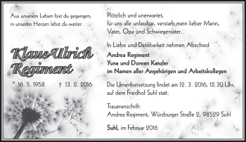 Traueranzeige von Klaus-Ulrich Regiment von Südthüringer Presse