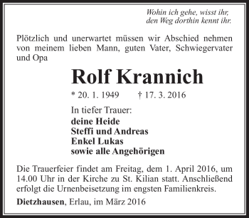 Traueranzeige von Rolf Krannich von Südthüringer Presse