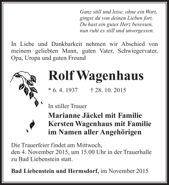 Traueranzeige von Rolf Wagenhaus von Südthüringer Presse