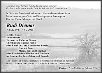 Traueranzeige von Rudi Diemar von Südthüringer Presse