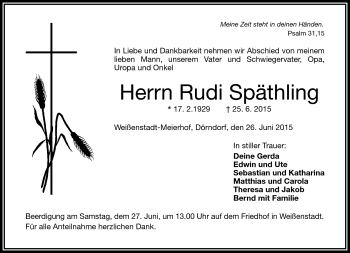 Traueranzeige von Rudi Späthling von Frankenpost
