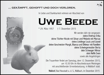 Traueranzeige von Uwe Beede von Südthüringer Presse