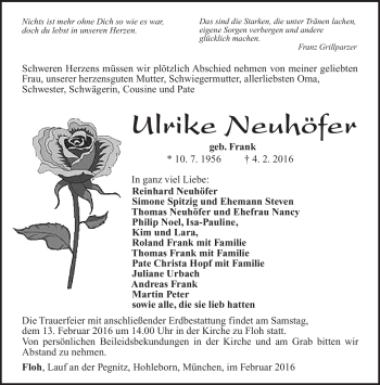 Traueranzeige von Ulrike Neuhöfer von Südthüringer Presse