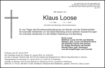 Traueranzeige von Klaus Loose von Neue Presse Coburg
