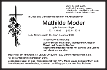 Traueranzeige von Mathilde Moser von Frankenpost
