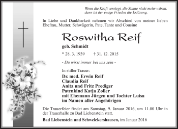 Traueranzeige von Roswitha Rerif von Südthüringer Presse