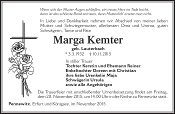 Traueranzeige von Marga Kemter von Südthüringer Presse