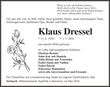 Traueranzeige von Klaus Dressel von Südthüringer Presse