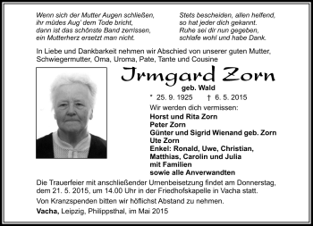 Traueranzeige von Irmgard Zorn von Südthüringer Presse