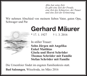 Traueranzeige von Gerhard Mäurer von Südthüringer Presse