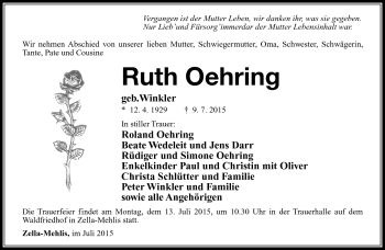 Traueranzeige von Ruth oehring von Südthüringer Presse