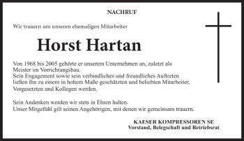 Traueranzeige von Horst Hartan von Neue Presse Coburg