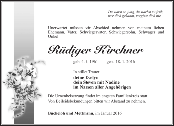Traueranzeige von Rüdiger Kirchner von Südthüringer Presse