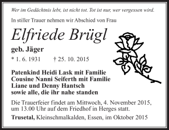 Traueranzeige von Elfriede Brügl von Südthüringer Presse