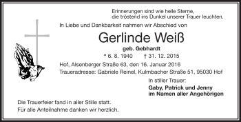 Traueranzeige von Gerlinde Weiß von Frankenpost