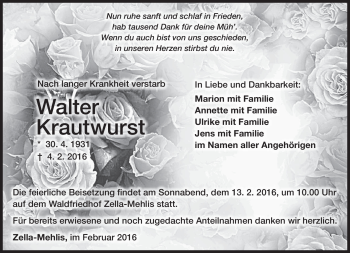 Traueranzeige von Walter Krautwurst von Südthüringer Presse