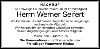 Traueranzeige von Werner Seifert von Frankenpost