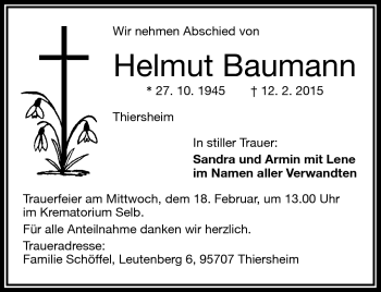 Traueranzeige von Helmut Baumann von Frankenpost