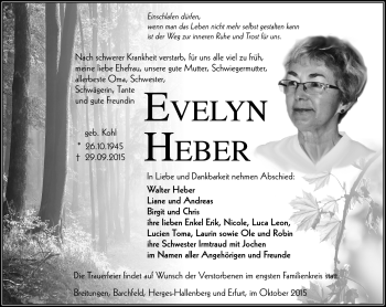Traueranzeige von Evelyn Heber von Südthüringer Presse