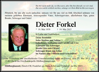 Traueranzeige von Dieter Forkel von Südthüringer Presse